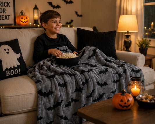Halloween Fleece Throw Blanket, Black Bats on Gray, 50"x70" Oversized