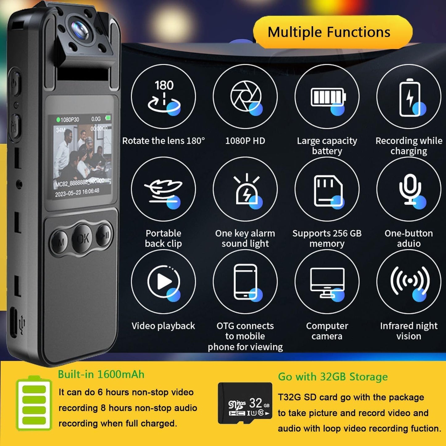1080P Body Cameras with Audio and Video Recording| 180° Rotating Lens | 6-8HR Battery | Night Vision | 64GB SD Card | 1.3" LCD | Portable Security Cam for Police, Law Enforcement, Outdoors & Meetings