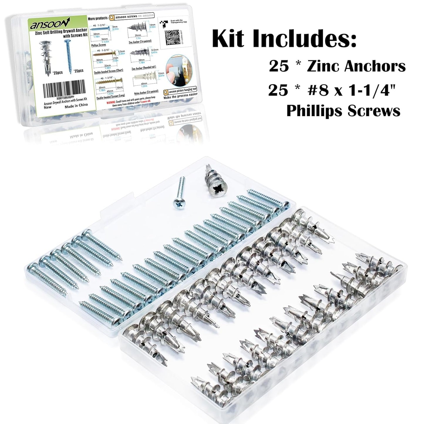 Ansoon Zinc Self-Drilling Drywall Anchors with Screws Kit, 25 Heavy Duty Metal Wall Anchors and 25#8 x 1-1/4'' Screws - 50 Pieces All Together