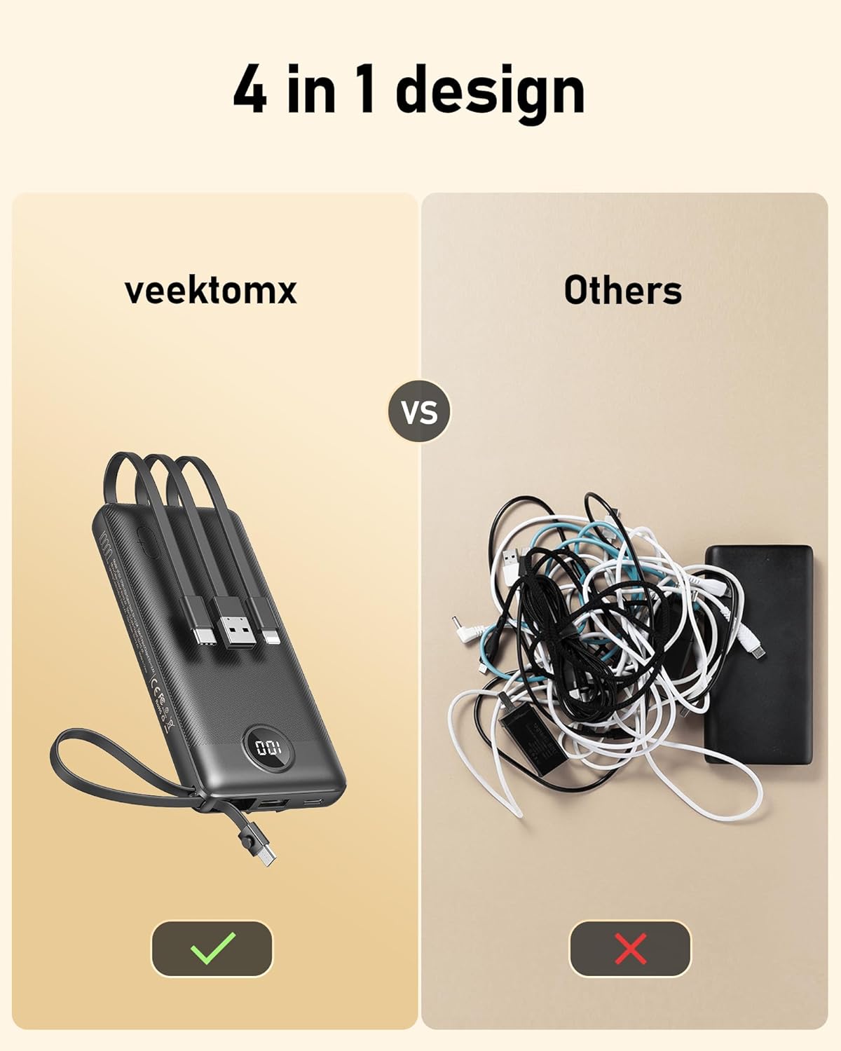 VEEKTOMX Power Bank with Built-in Cables 10000mAh Portable Charger for iPhone Slim Fast Charge USB C Battery Pack Travel Essentials Powerbank Compatible with iPhone, Samsung, Android, etc