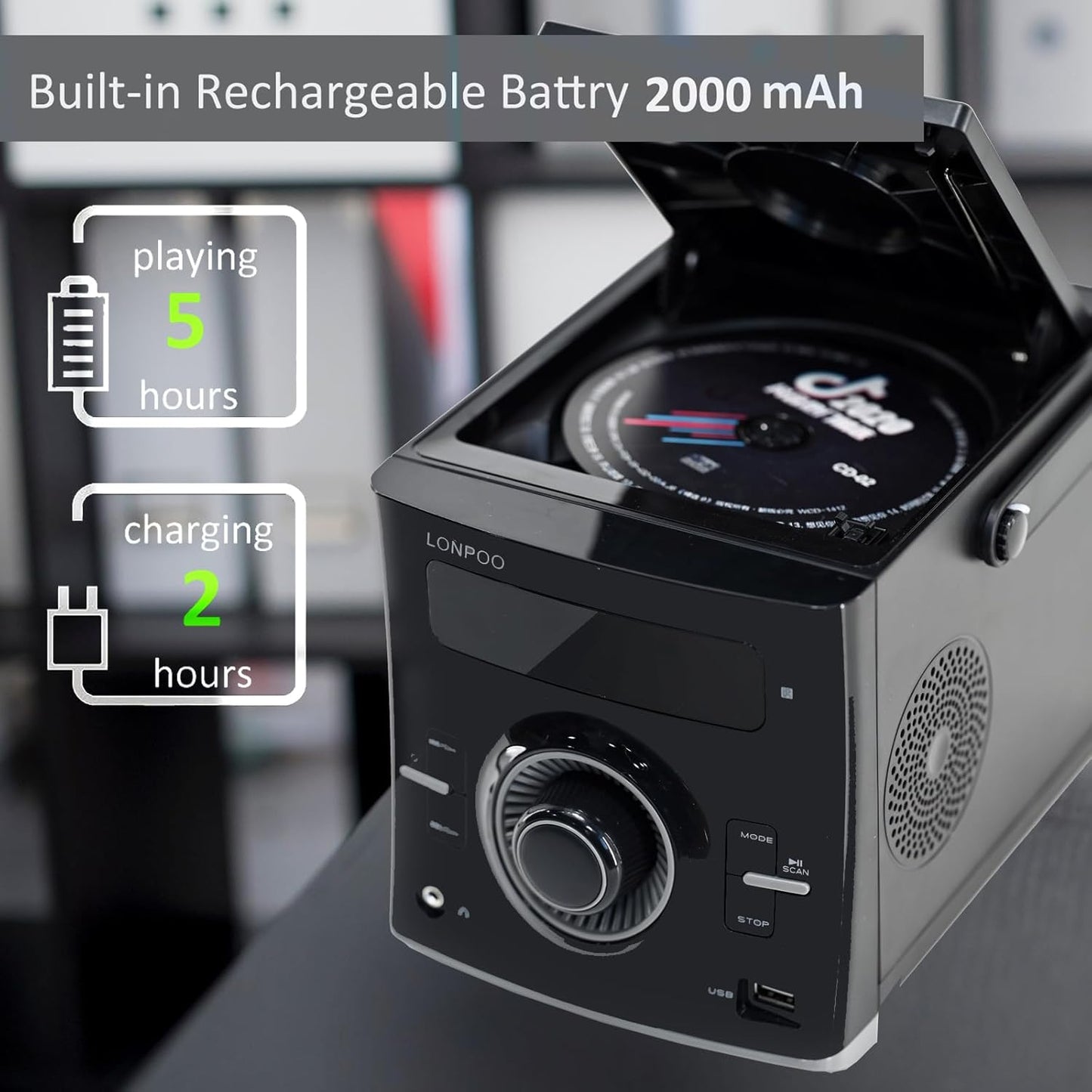 LONPOO Portable CD Player | Stereo Bluetooth Boombox | FM Radio Turn Knob | Auto Lid Open Button | Big LCD Display | Concealed Ports of USB/AUX/Earphone | Rear Power Protection Button (LP-D12)