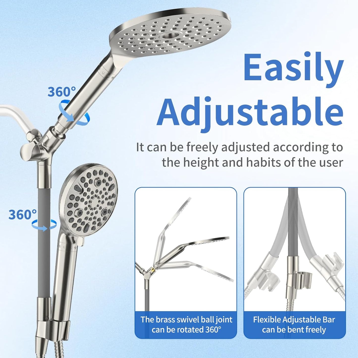 JONKEAN 7.5" Big Filtered Double Shower Head for Hard Water, Dual Shower Heads with Handheld Spray Combo, 9 Modes Waterfall Rain Shower Head High Pressure with Long Hose & Adjustable Bar(Matte Black)