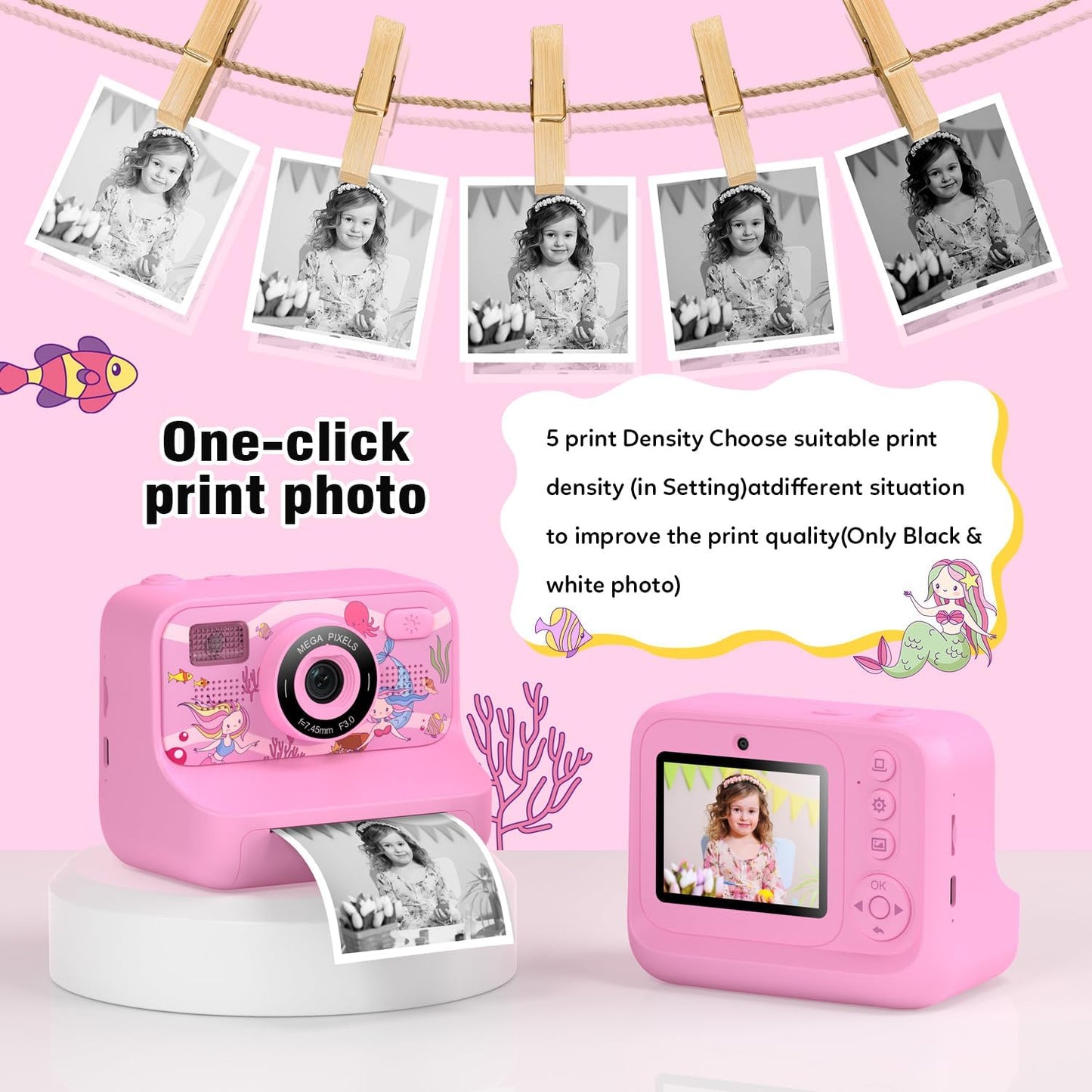 Instant Print Camera for Kids Age 3-12 Girls Boys 1080P Selfie HD Digital Video Cameras with 6 Print Paper & 32G Card Toddler Portable Travel Toys Camera for Christmas Birthday Gifts