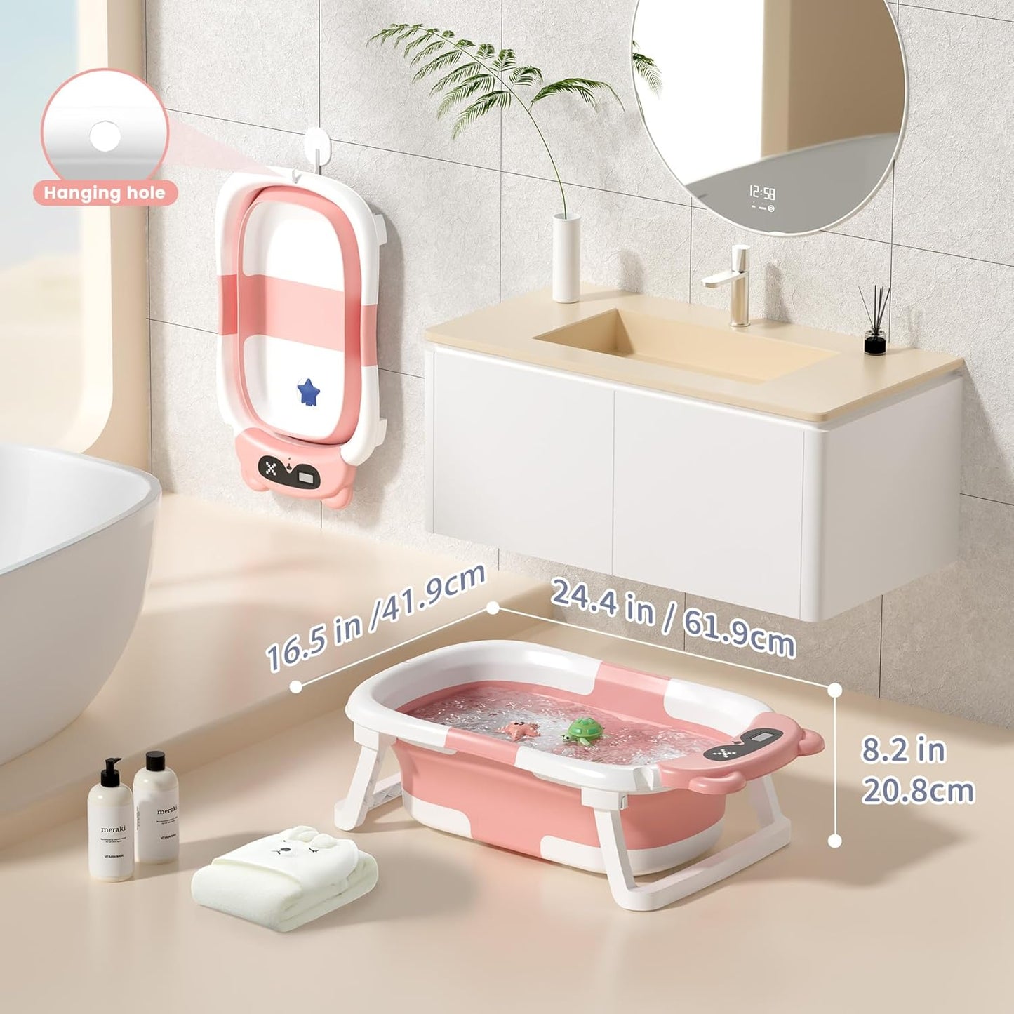 Kerbwry Baby Bathtub for Newborn to Toddler, Baby Bath Tub with Soft Towel and Floating Cushion, Baignoire Pour Bébé, Shower Essentials for Newborn (0-18 Months) Grey