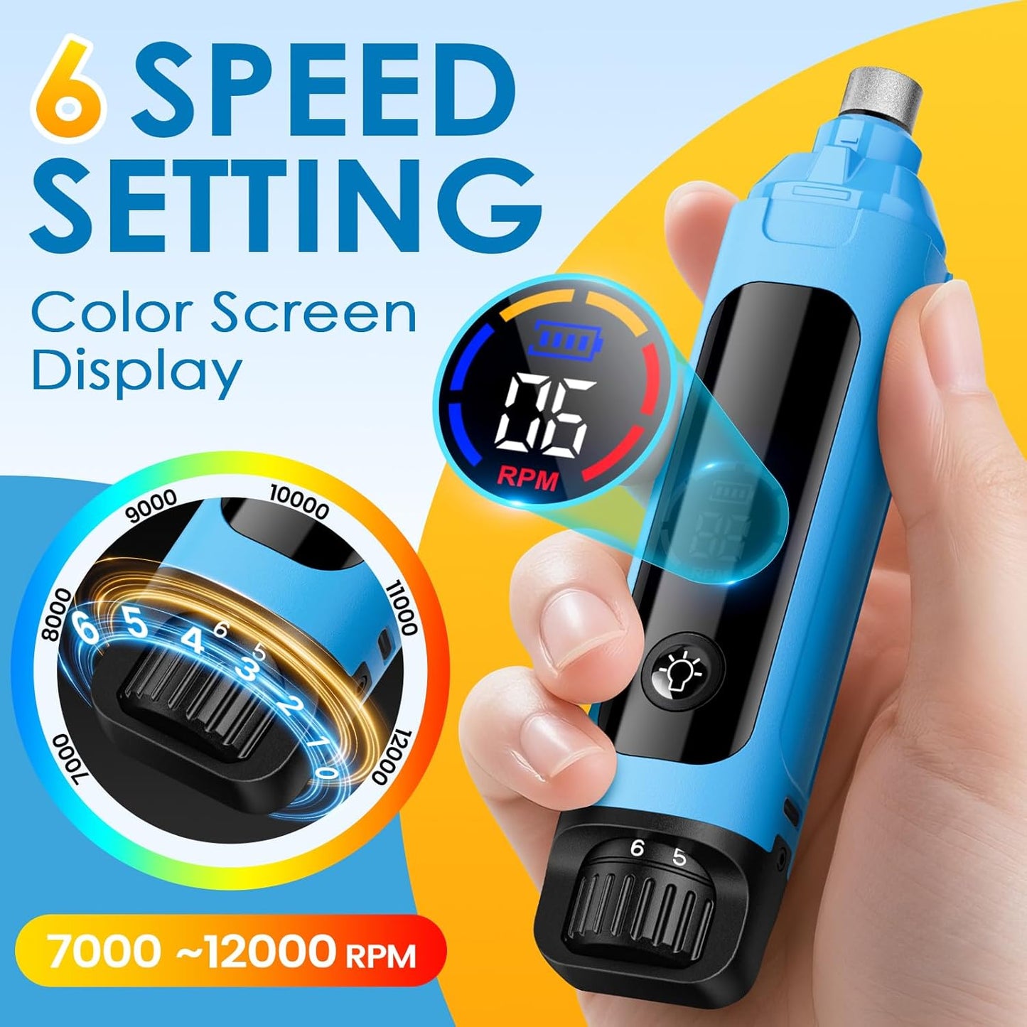 Dog Nail Grinder 6-Speed Adjustable with Dual LED Bloodline Lights – 38dB Ultra-Quiet Pet Nail Trimmer, Color Display for Safe Grooming of Small to Large Dogs (Black)