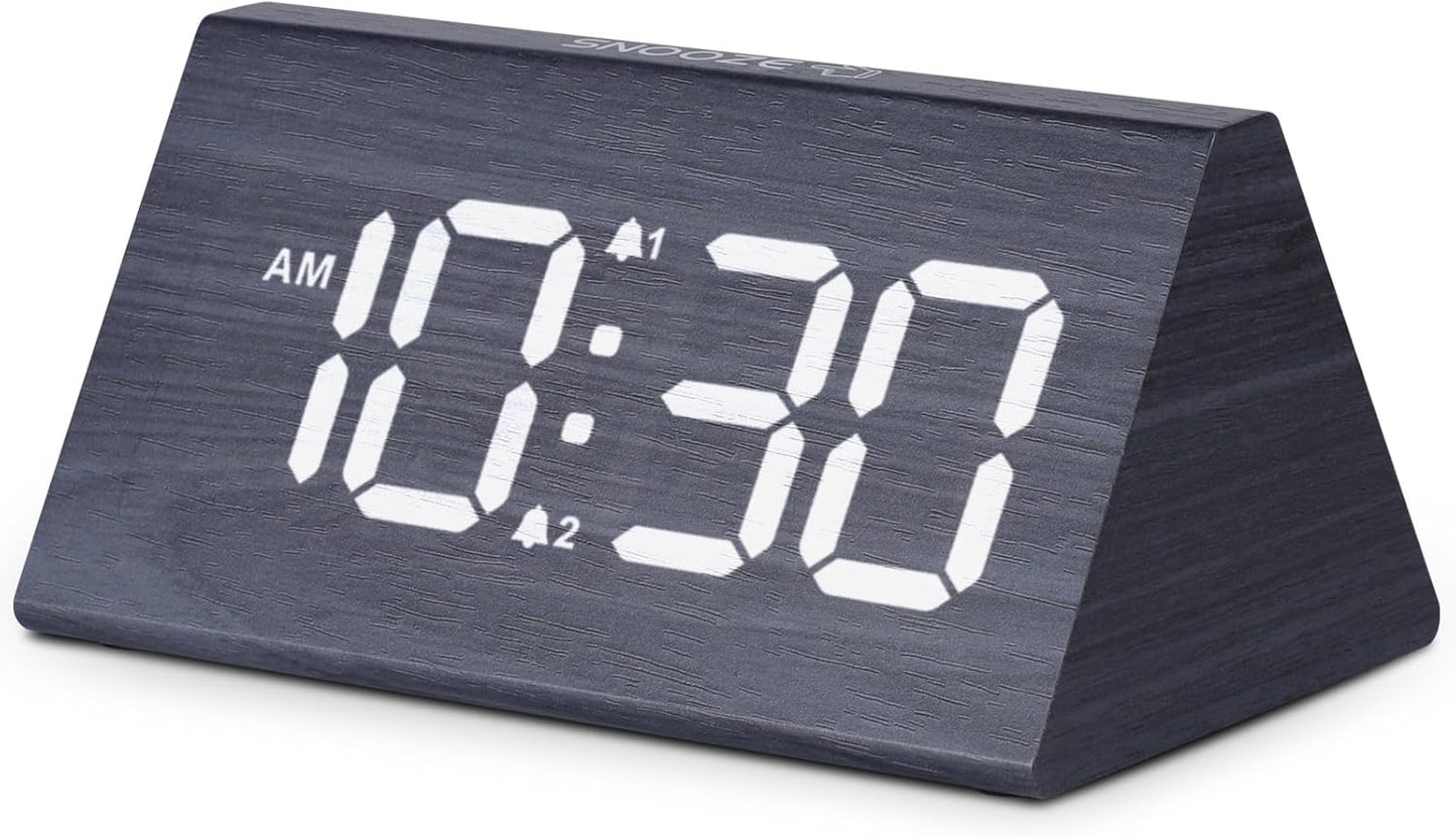 Odokee Wooden Digital Alarm Clock for Bedroom: Electric Desk Clock with Large LED Display - Brown