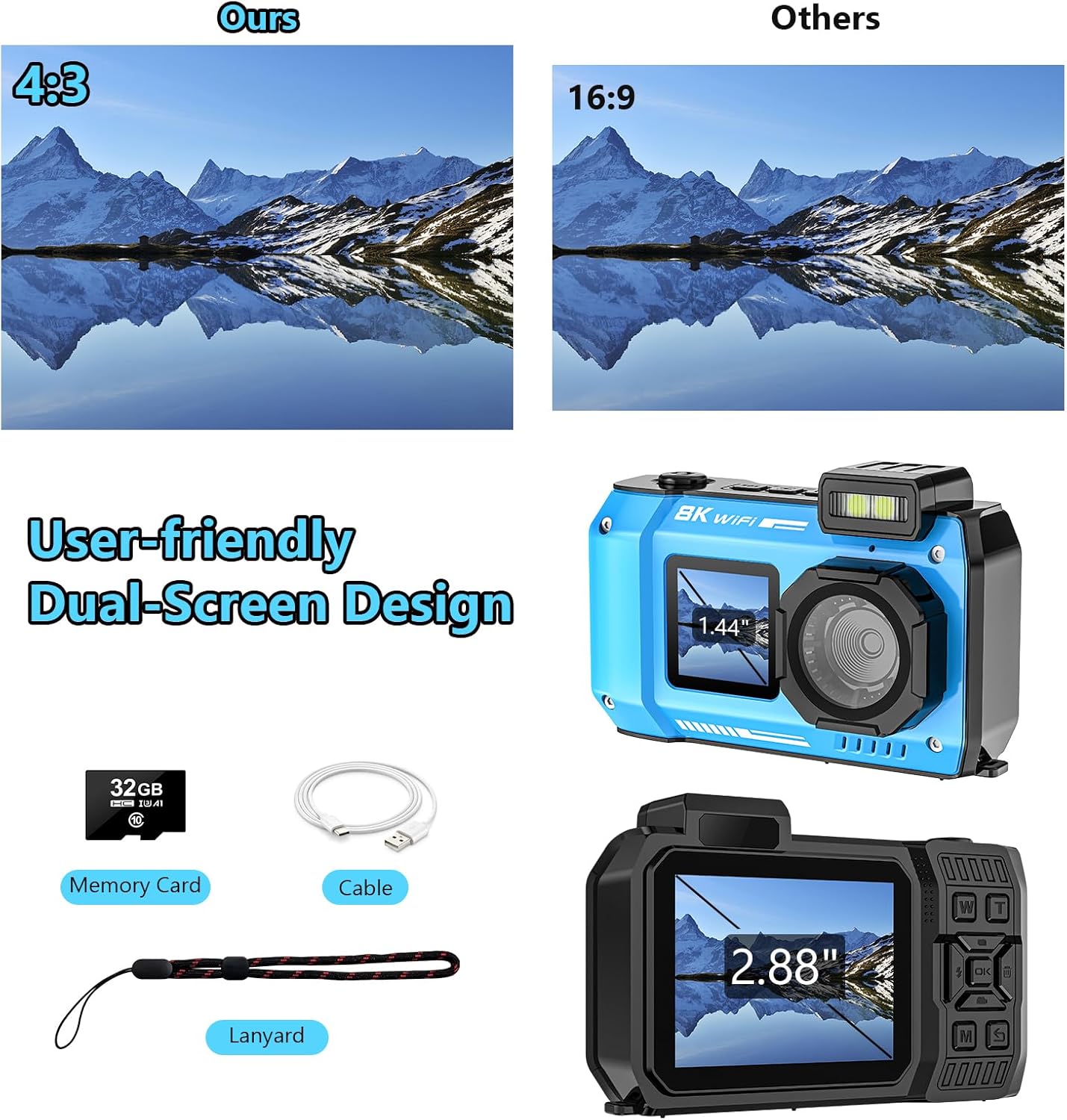 UHD 8K Underwater Camera, 70MP 33FT WiFi Waterproof Digital Camera with 64GB Card, Auto Focus Waterproof Dual-Screen Selfie 2500mAh Battery, 18X Floatable Digital for Snorkeling