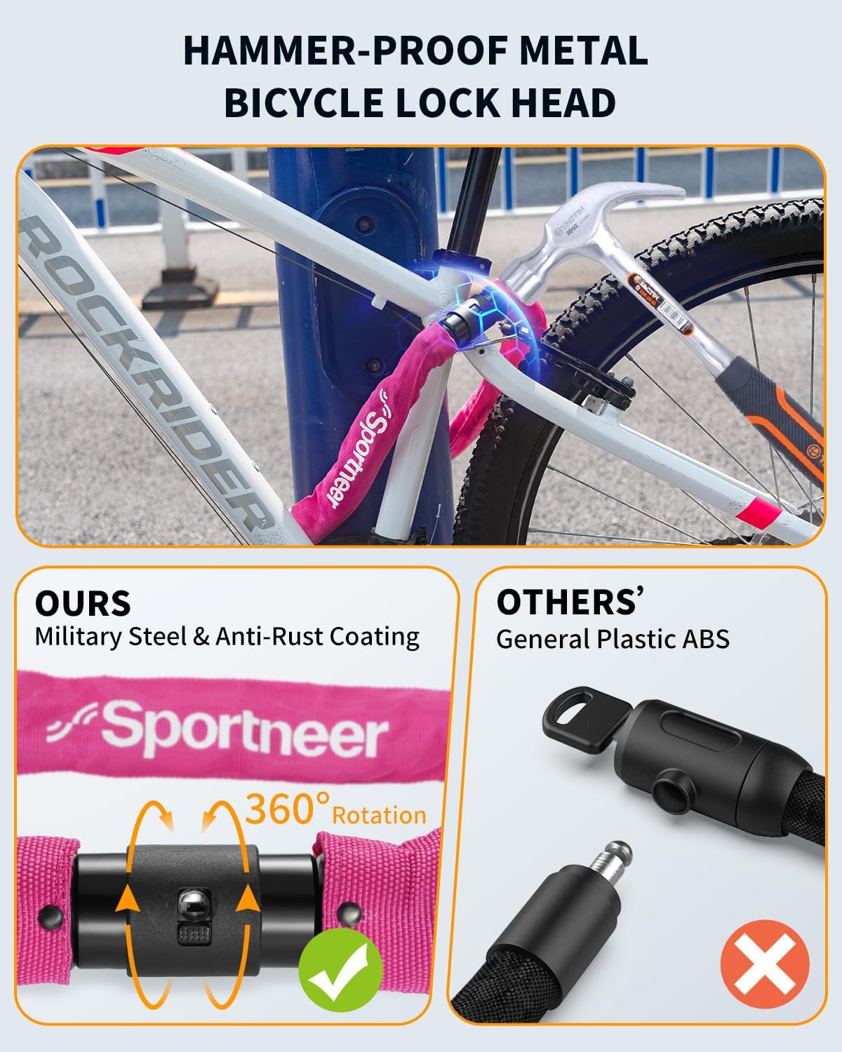 Sportneer Bike Lock Anti-Theft Bicycle Chain Lock Heavy Duty 0.32inch/8mm Thicker Motocycle Lock High Security with 2 Keys for Bike, Scooter, Moto, Door, Gate Fence