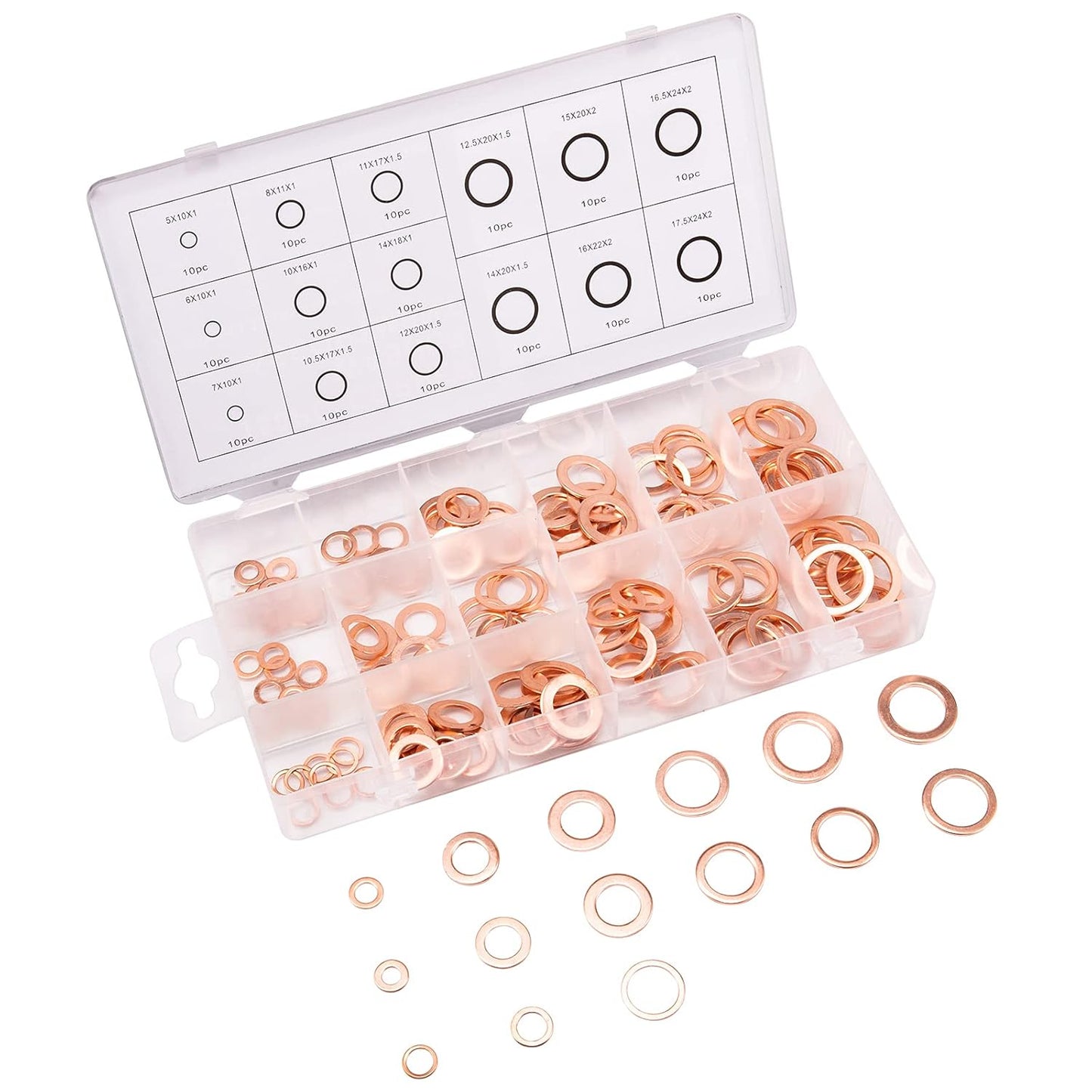 Toolwiz 150PCS 15 Sizes Copper Washers Metric Sealing Assortment Set Flat Ring Sump Plug Crush Washer Oil Drain Plug Gasket Seal Assortment Set M5/6/7/8/10/10.5/11/12/12.5/14/15/16/16.5/17.5