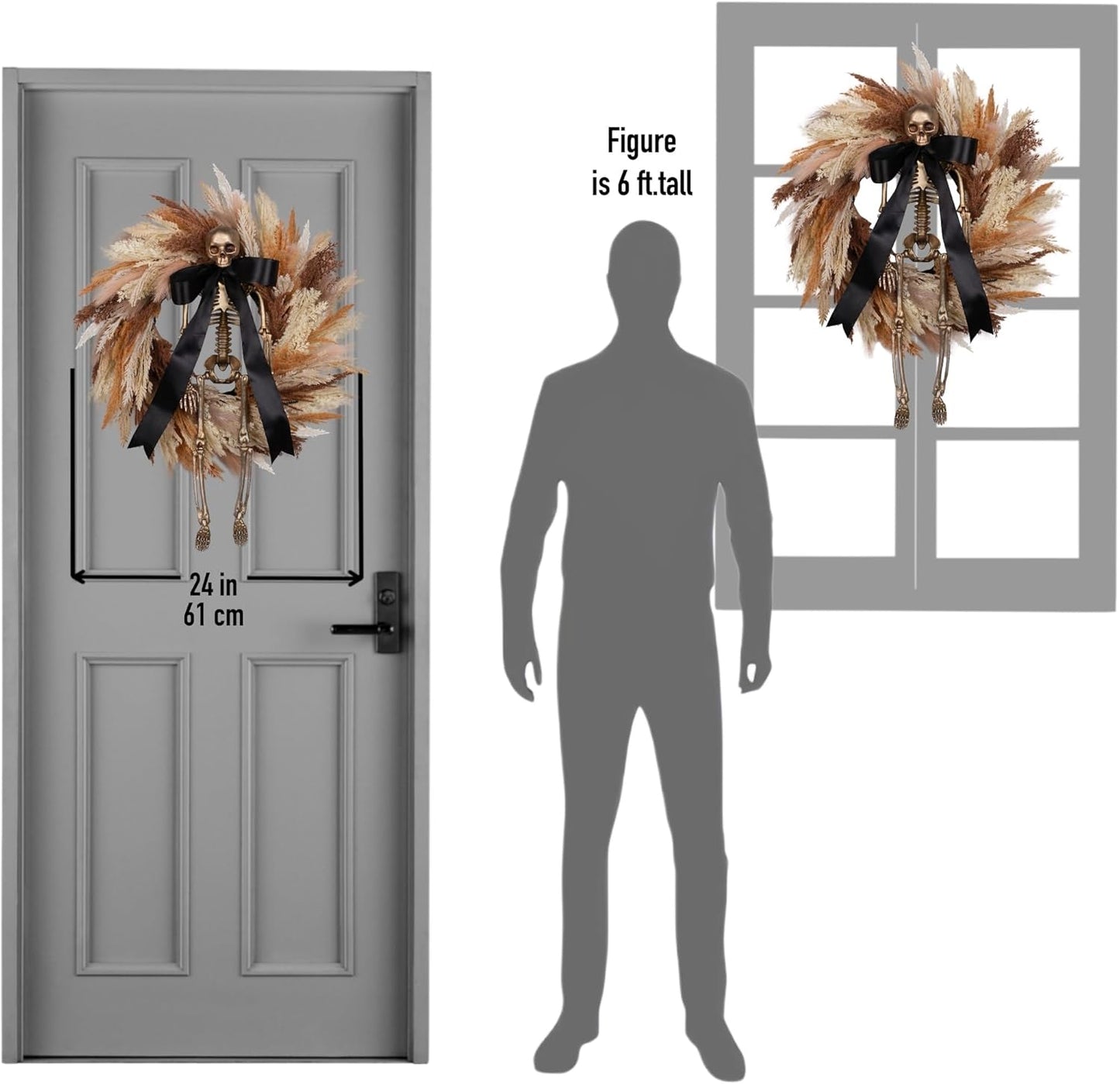 FLOROAD 24" Halloween Wreath for Front Door with Gold Skull Skeleton, Black Bow, Artificial Wheat and Pampas Grass - Fall Halloween Holiday Scary Gothic Decoration for Home Door Wall