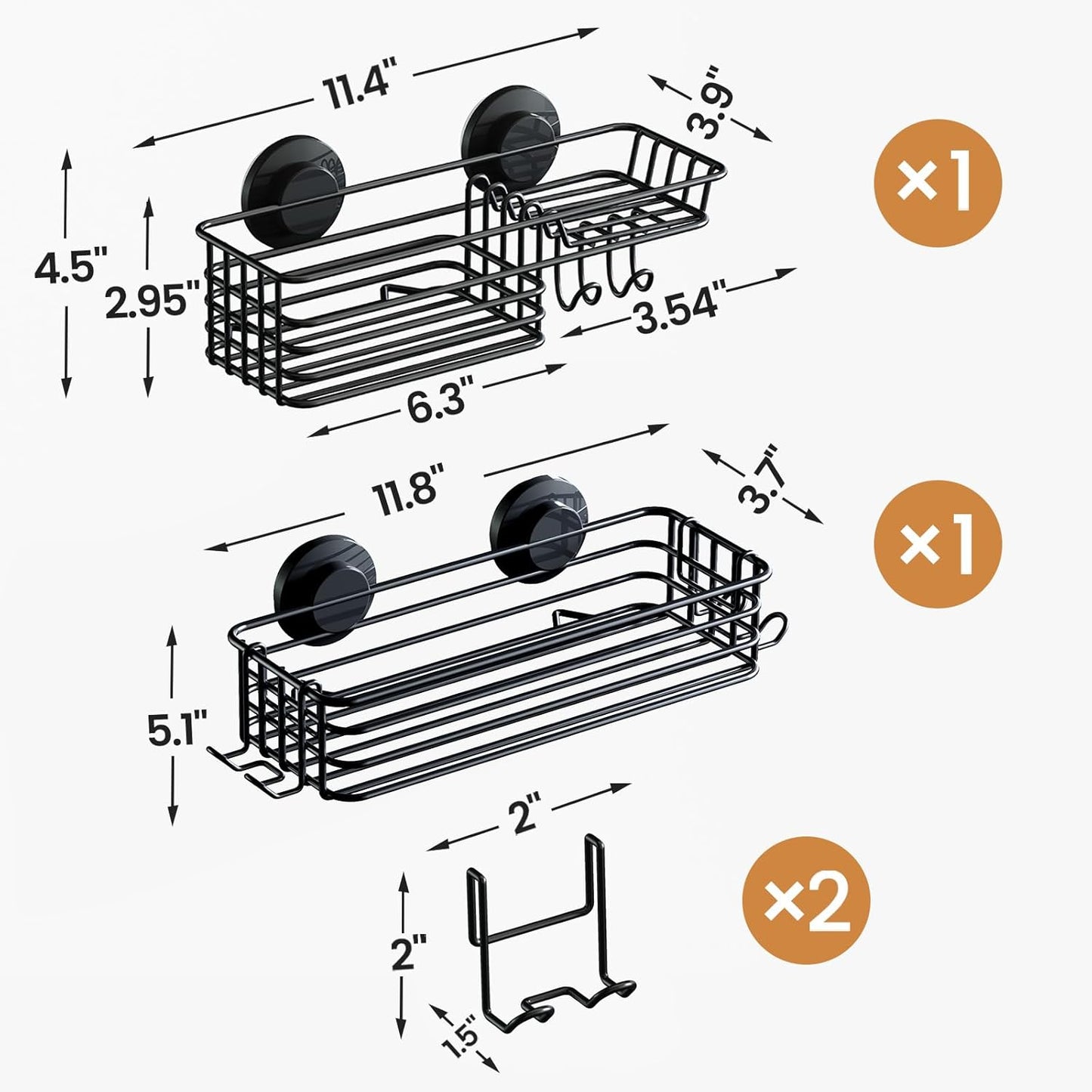 LEVERLOC Shower Caddy Suction Cup, 2 Pack Black Shower Shelf with Hooks and Soap Holder, NO-Drilling Bathroom Organizer, Rustproof Metal Bathroom Storage and Organization