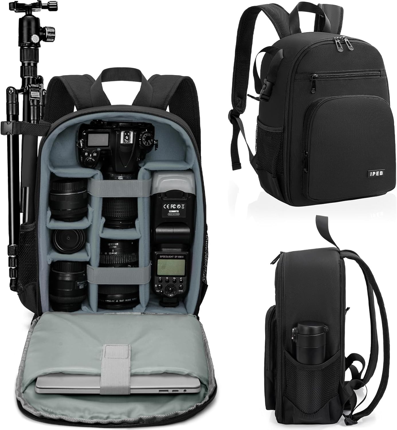 IPEB Camera Backpack Bag with Tripod Holder Water Resistant Camera Cases Photography Backpack Anti-Theft for DSLR Camera