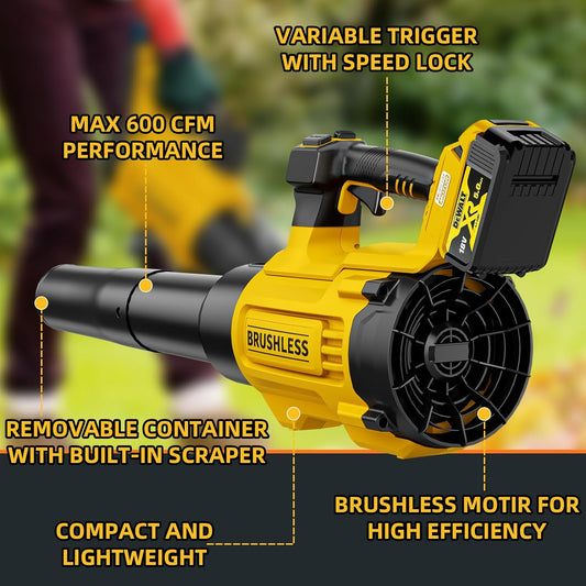 Nelhalt 20V Cordless Leaf Blower, Turbo Boost 600 CFM/125 MPH Compatible with Dewalt 20V Max Battery, Brushless Motor, Variable Trigger and Speed Lock, Ergonomic 3.6LBS for Driveway & Yard, Tool Only