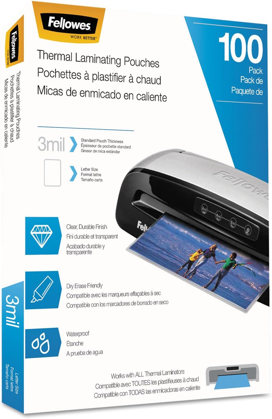 Fellowes Thermal Laminating Pouches, Letter Size Sheets 9 x 11.5-Inches, 3 mil, 200 Pack (5743401), Clear