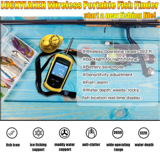 LUCKYLAKER Sensor Transducer Fish Finder Portable Sonar Handheld Depth Finder Kayak LCD Display Fish Finder Wireless Castable - PuriLite