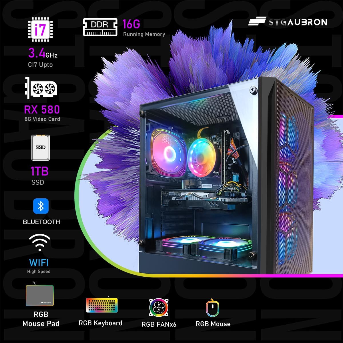 STGAubron Gaming PC Computer Desktop, GeForce RTX 2060 Super, Intel Core i7 8th up to 4.1GHz, 16G DDR4, 1T SSD, 600M WiFi, BT 5.0, RGB Fan x6, Windows 11 Home