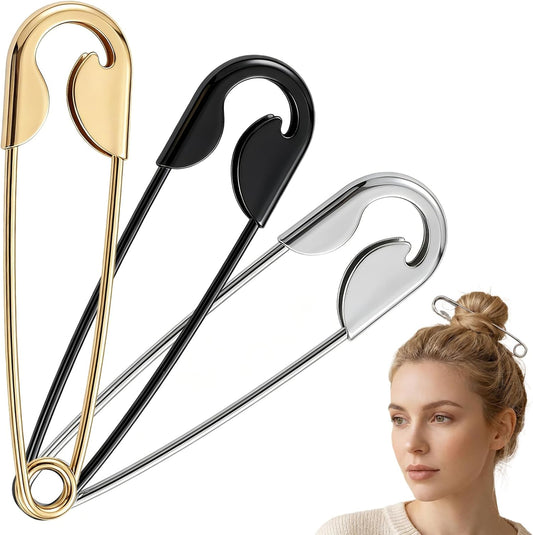 3PCS Oversized Safety Pin Hair Clips for Women Thick Hair - Large Metal French Hair Pin, Strong Hold Statement Hair Styling Accessories for Bun Updo Twist Goth Looks