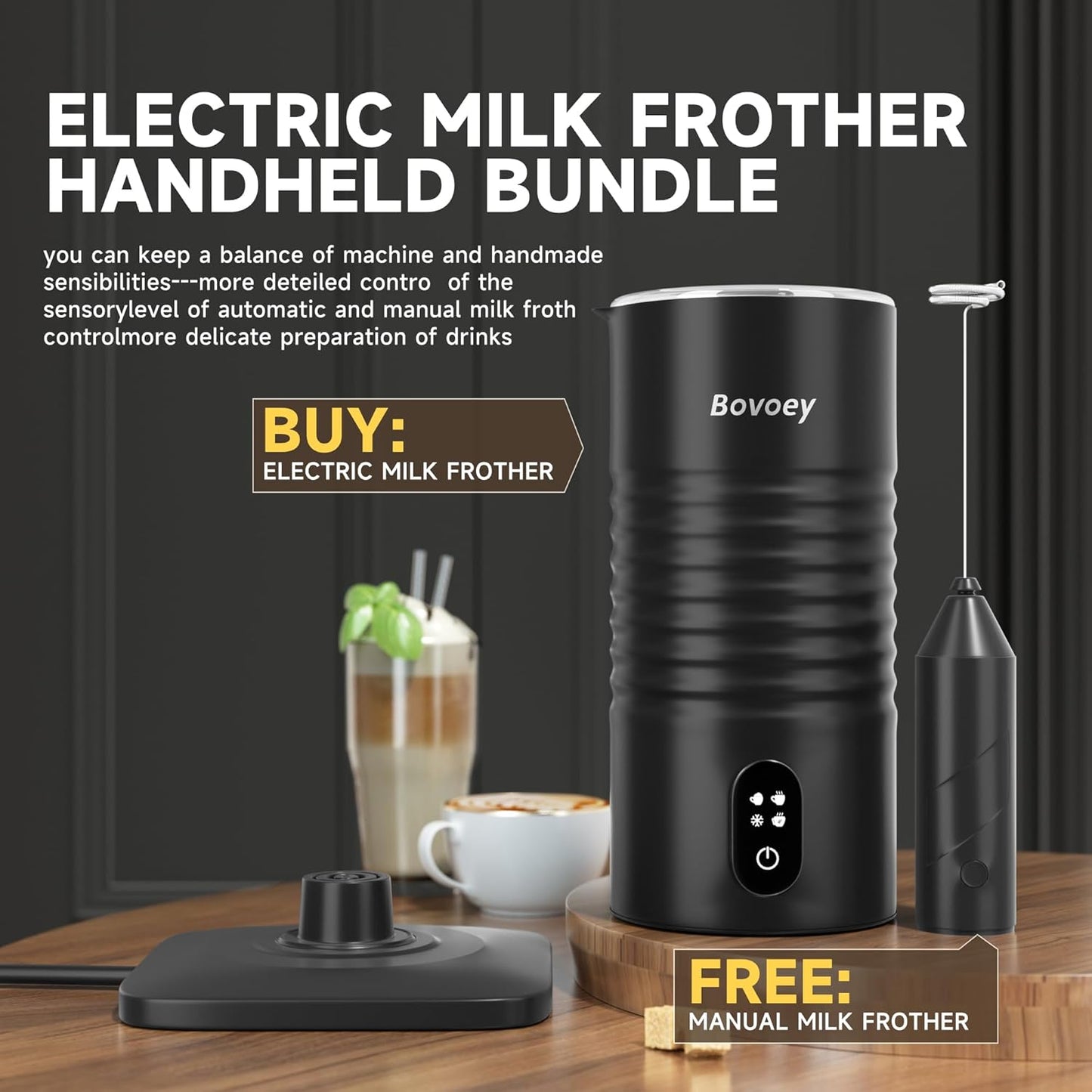 Electric Milk Frother Handheld Set,4 in 1 Automatic Milk Frother and Steamer,Cold Foam Maker Set for Hot Chocolate,Latte,Cappuccino and Macchiato,Electric Mixer Handheld Set for Coffee and Eggs Black
