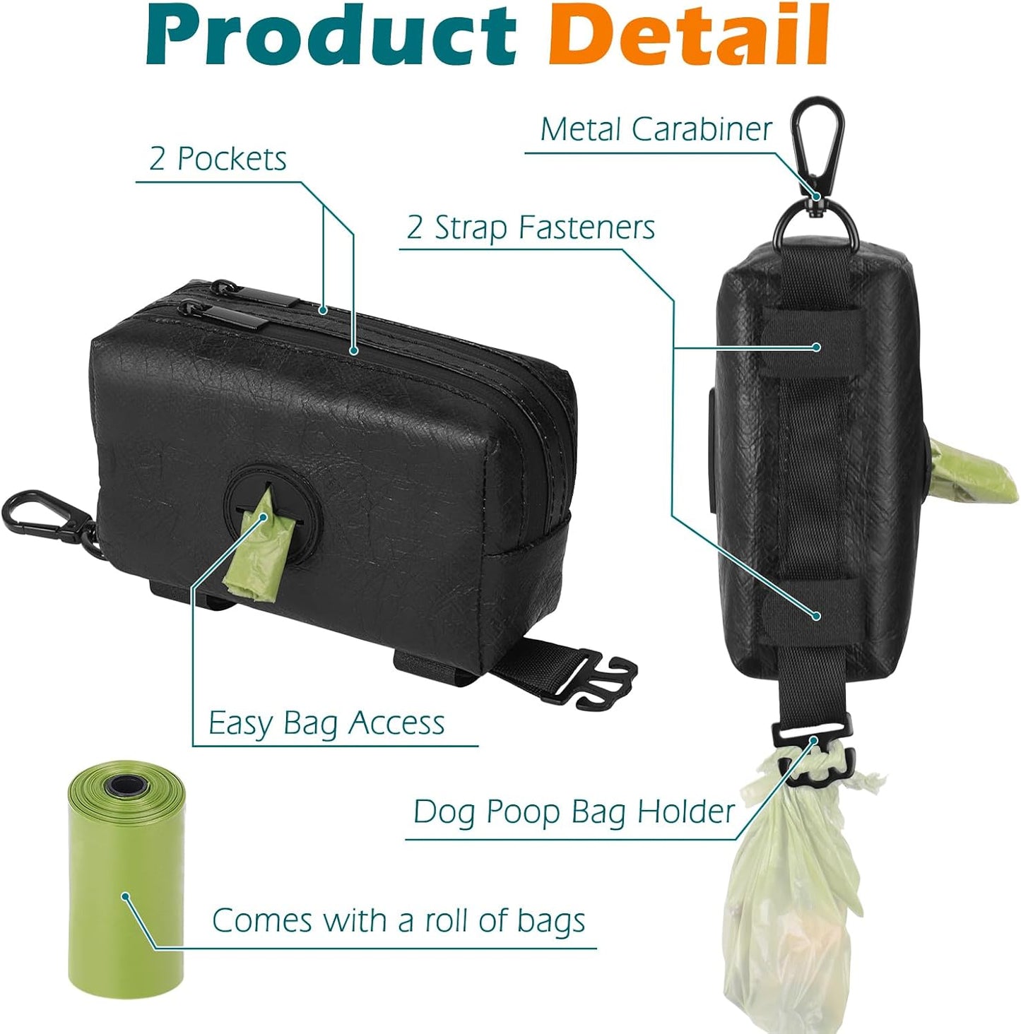 PetBonus Waterproof Dog Poop Bag Holder for leashes, Portable Pet Waste Bag Dispenser, 2 Pouches for Treat Holder and Walking Accessories, Fit All Leashes, Includes 1 Roll of Dog Poop Bags (Green)
