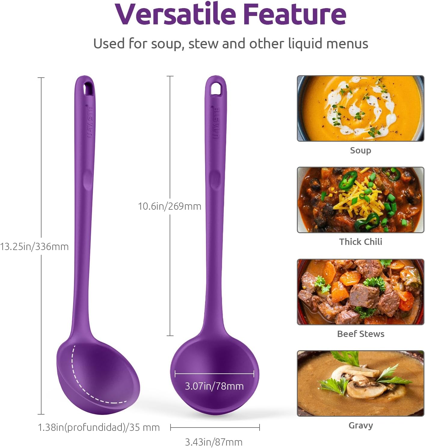 13 inch Silicone Soup Ladle: U-Taste 600ºF Heat Resistant 4 oz Large Non-Stick Seamless Rubber Kitchen Deep Serving Spoon with Non-Slip Solid Long Handle for Cooking Sauce/Stews/Gravies/Chili(Purple)