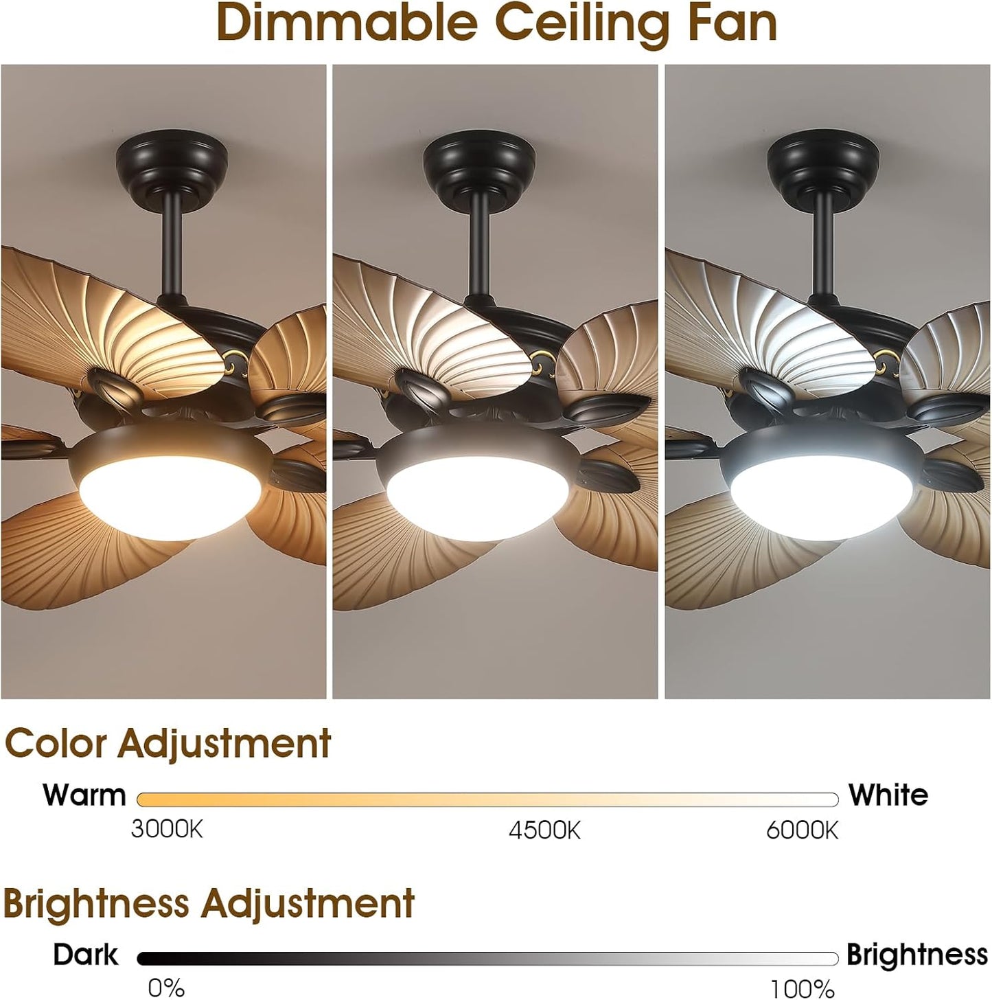 Wiviniya Ceiling Fans with Lights and Remote/APP Control, 44 Inch Tropical Palm Leaf Ceiling Fan with LED Lights, Outdoor Ceiling Fans for Patios Porch, Reversible Quiet Motor, Dimmable, Light Brown
