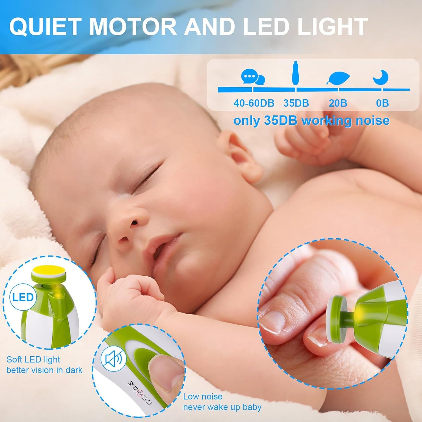 Tinabless Baby Nail Trimmer Electric - Safe Baby Nail File Clippers Set with LED Light, 6 Grinding Heads Kit for Newborn Infant Toddler Toes Care, Polish and Trim(Green)