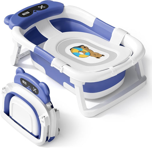 AVIDOR Baby Bathtub, Collapsible Baby Bathtub for Newborn to Toddler, Foldable Newborn Bathtub, Portable Infant Bath Tub for Travel with Soft Cushion, No-Slip Feet, Navy Blue