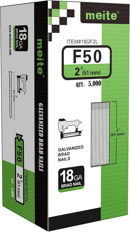 meite F50 18 Gauge 2-Inch Leg Length Galvanized Brad Nail Ideal for Upholstery, Trims, Molding, Woodworking 5000pcs/Box (1 Box)