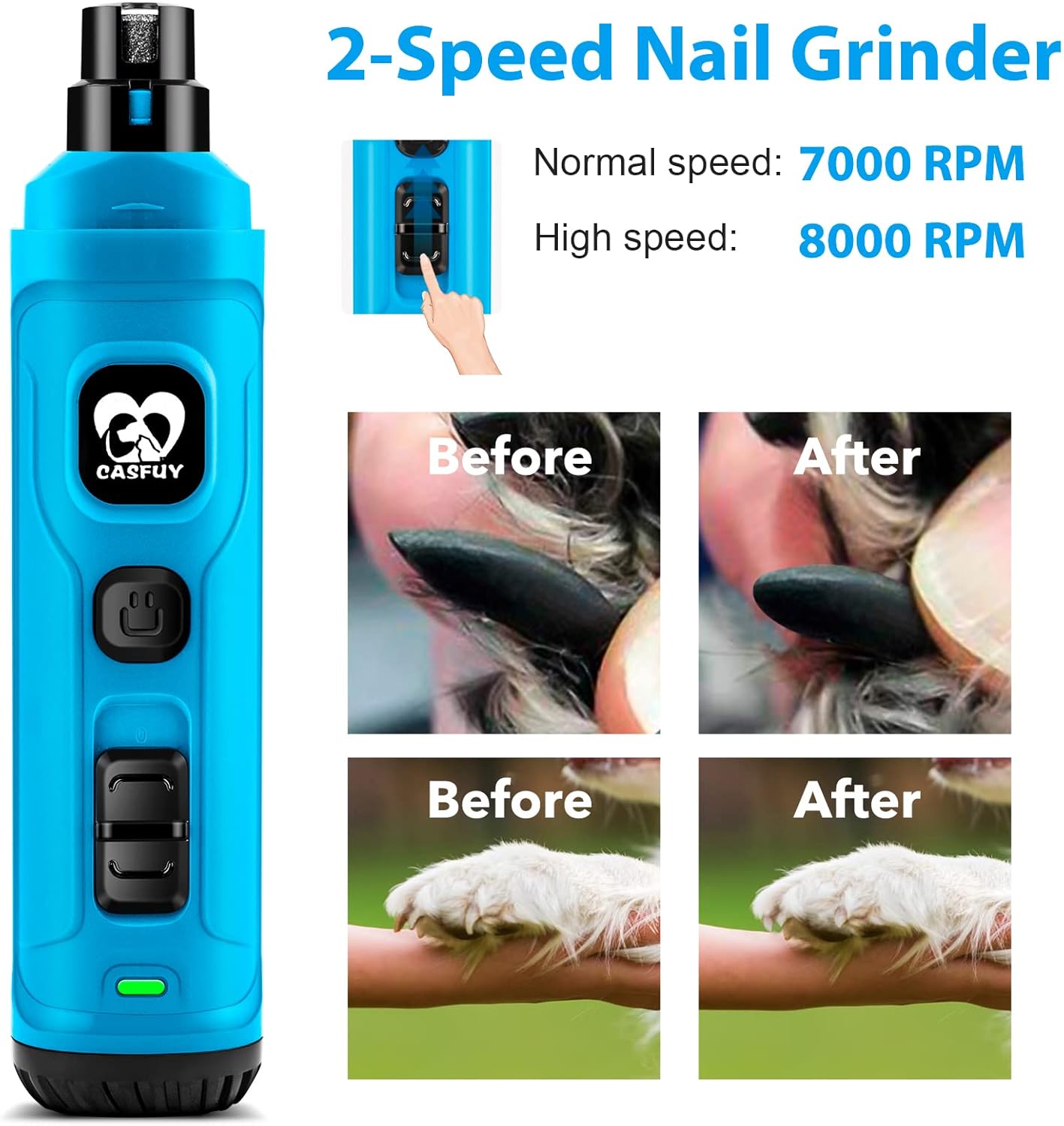 Casfuy Dog Nail Grinder with 2 LED Light - New Version 2-Speed Powerful Electric Pet Nail Trimmer Professional Quiet Painless Paws Grooming & Smoothing for Small Medium Large Dogs and Cats (Blue)