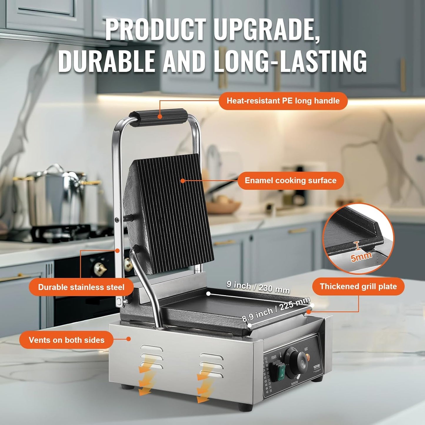 VEVOR 7 IN 1 Electric Contact Grill,1800W Indoor Panini Press Griddle,Stainless Steel Teppanyaki Grill with Nonstick&Removable Iron Plate, 0-446℉ Adjustable Temp Control,LCD Display,110V