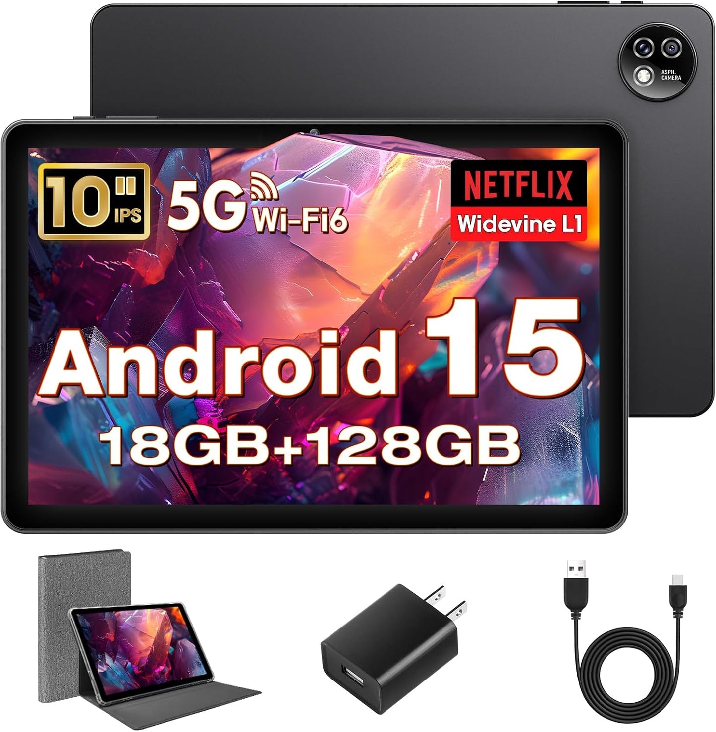 10 Inch Tablet Android 15 Tablets, Octa-Core Tablette Android, 18GB+128GB, 1TB Expand, 1280x800 IPS HD Display, GPS, Widevine L1, 5G+2.4G WiFi, 5MP+8MP Dual Camera, Bluetooth5.4, 6000mAh, Black