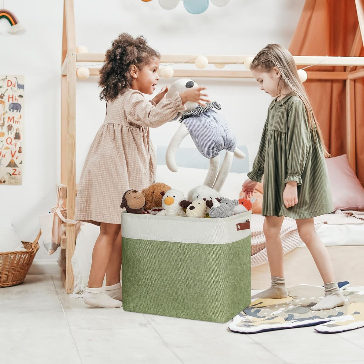 DULLEMELO Storage Baskets for Shelves, Fabric Collapsible Rectangular Storage Bins for Shelves, Closets, Nursery, Home, Office, Empty Gift Baskets (White&Teal)