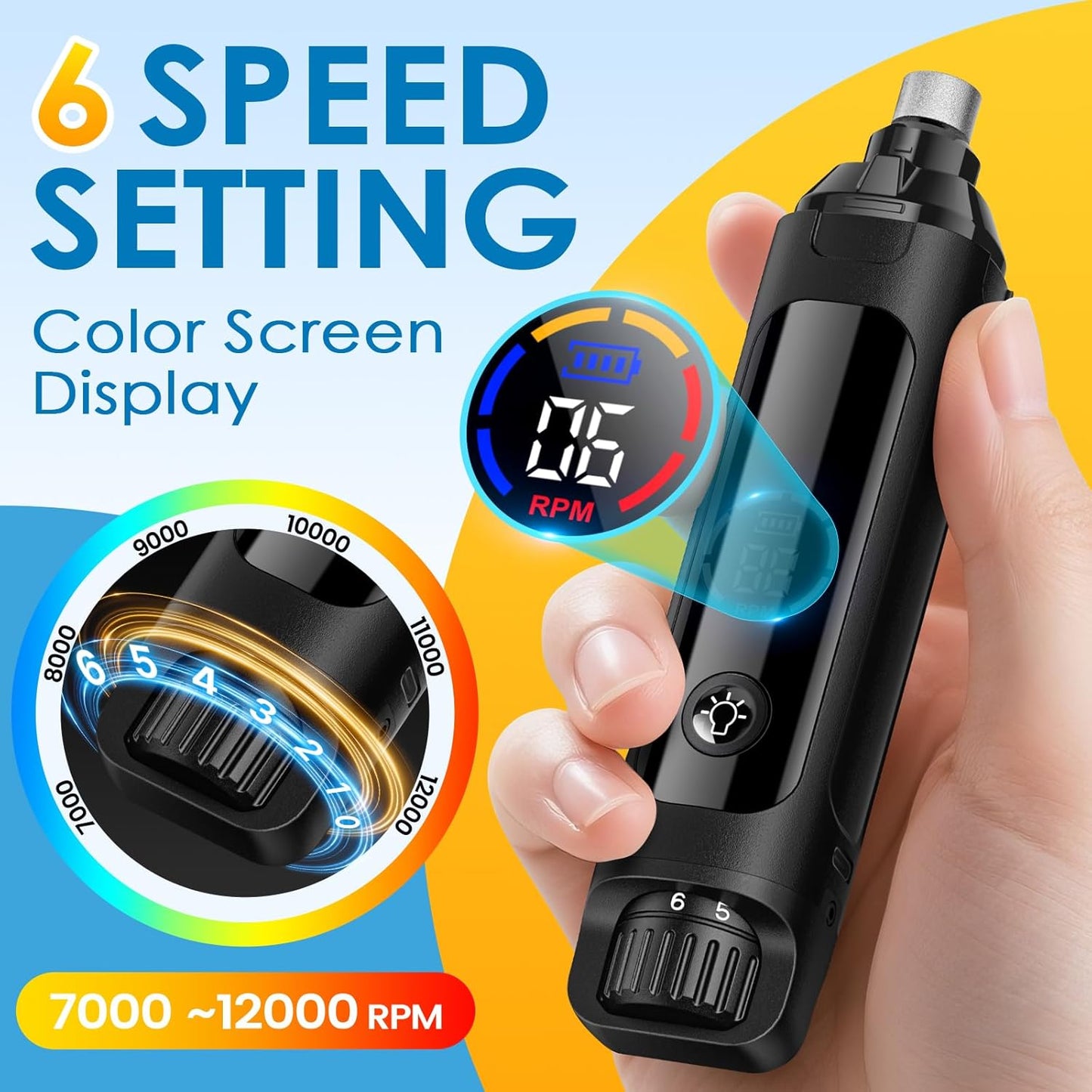 Dog Nail Grinder 6-Speed Adjustable with Dual LED Bloodline Lights – 38dB Ultra-Quiet Pet Nail Trimmer, Color Display for Safe Grooming of Small to Large Dogs (Black)