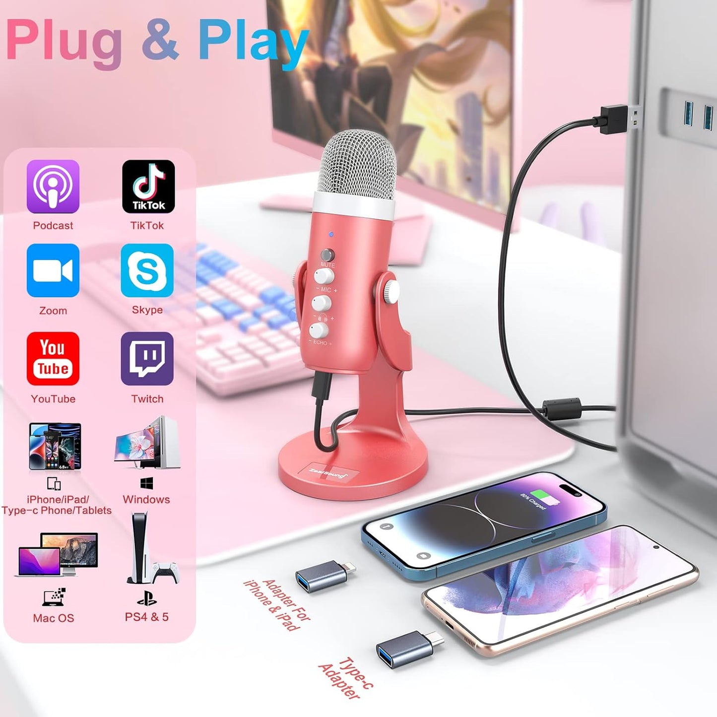 ZealSound USB Microphone,Condenser Phone Computer PC Mic kit,Plug&Play Gaming Microphones for PS 4&5.Mic Gain&Volume Control,Echo &Mute Button for Vocal,Record,Streaming,Discord YouTube Podcast on Mac