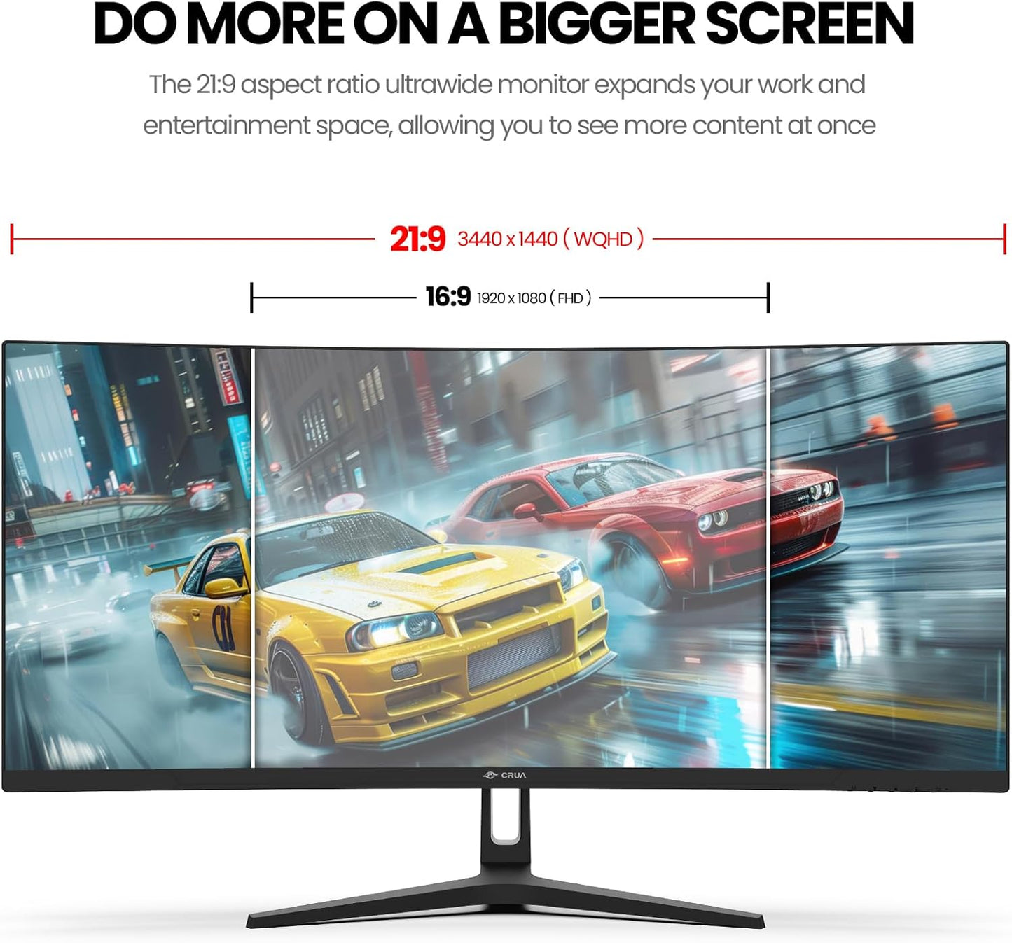 CRUA 34 Inch Gaming Monitor 144Hz, WQHD 3440X1440P Ultrawide Curved Monitor, 21:9 1500R 120% sRGB Computer Display Support Freesync, PIP/PBP, HDMI 2.0 & DP 1.4, Wall Mountable/Tilt Adjustable-Black