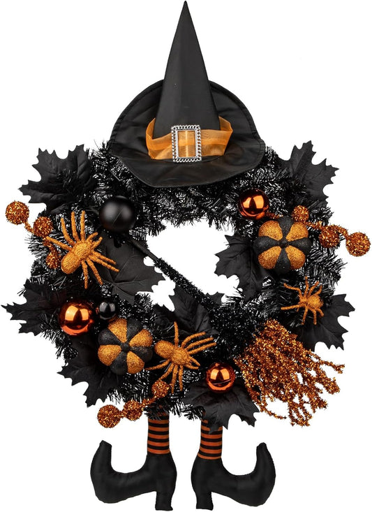 Arborus Halloween Wreath for Front Door 20in Tinsel Black Witch Wreath with Hat Legs and Orange Pumpkin for Fall Autumn Indoor Window Door Thanksgiving Halloween Decorations