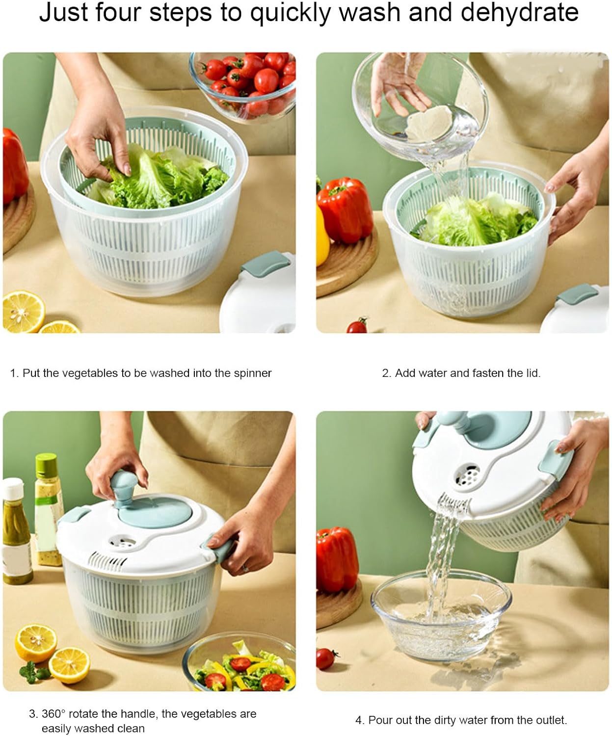 Salad Spinner Vegetable Dryer Lettuce Spinner 5L Large Capacity Fruit Washing Bowl with Strainer Manual Water Drainage Multi Purpose Kitchen Tool