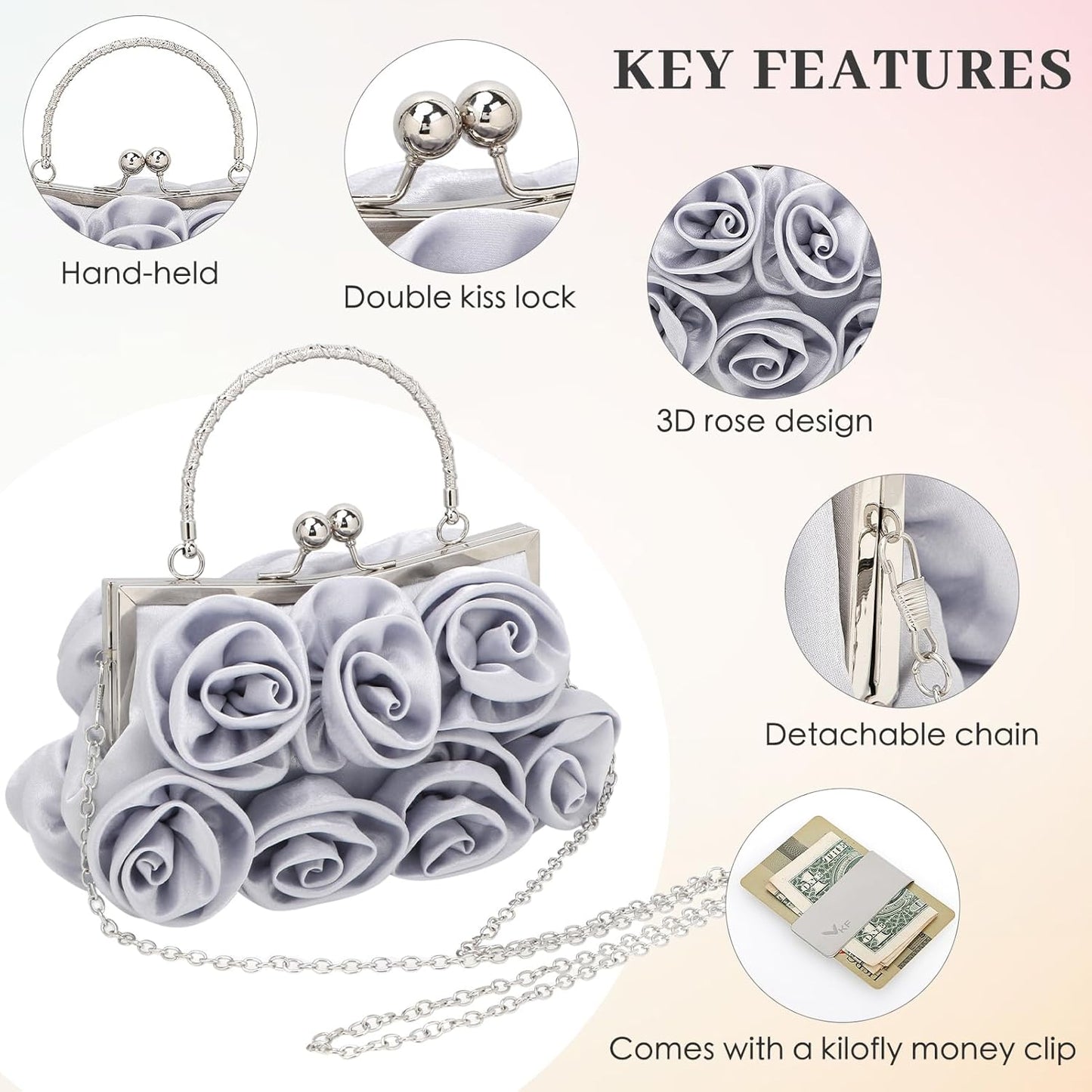kilofly Missy K 7 Roses Clutch Purse, Satin, with Detachable Strap + kilofly Money Clip