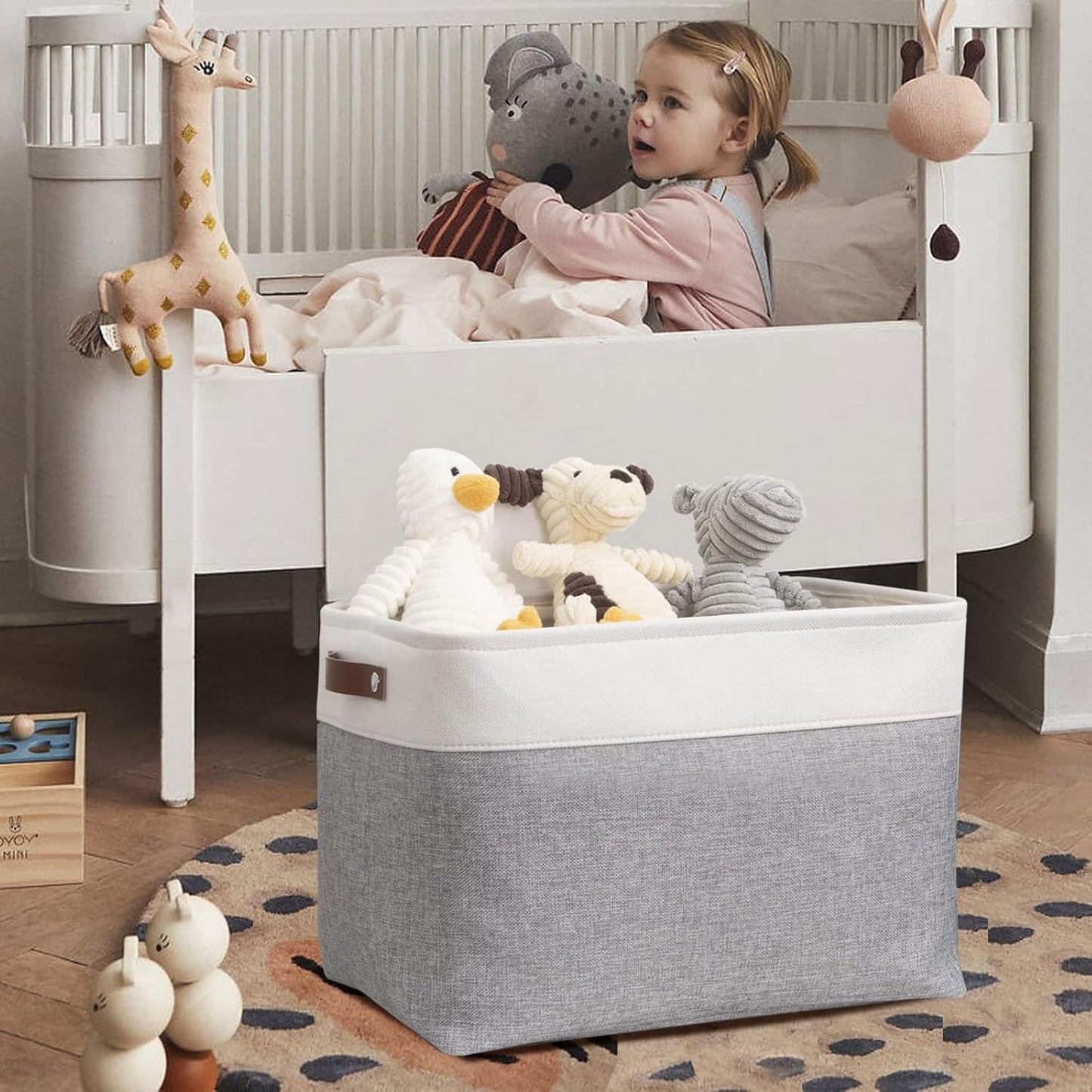 DULLEMELO Storage Baskets for Shelves, Fabric Collapsible Rectangular Storage Bins for Shelves, Closets, Nursery, Home, Office, Empty Gift Baskets (White&Teal)