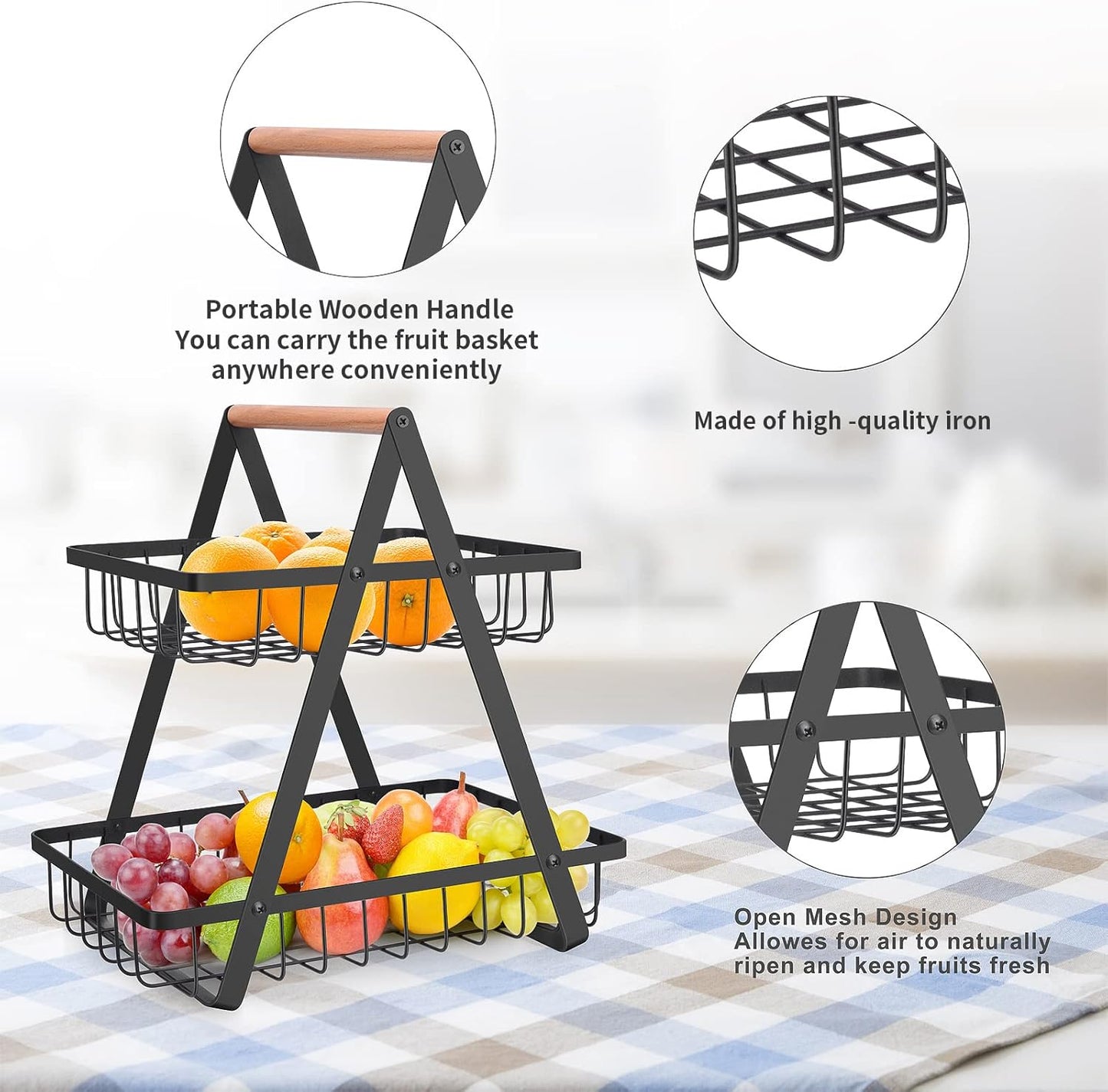 2 Tier Countertop Fruit Basket,Portable Fruit Bowle Basket for Kitchen Organizer Storage & Dining Room Fruits Vegetable Bread Snacks,MAHUEEOL Detachable Metal Rectangle Basket Storage