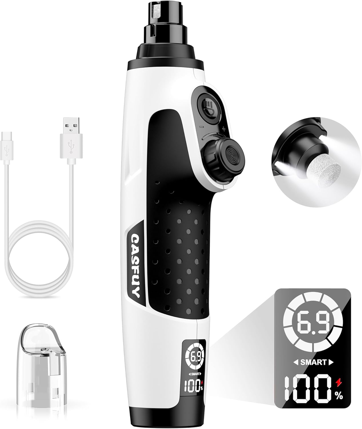 Casfuy Smart 6 Speed Dog Nail Grinder - Pet Nail Grinder with 2 LED Lights Super Quiet Rechargeable Electric Dog Nail Trimmer File Toenail Grinder for Large Medium Small Dogs (Red)