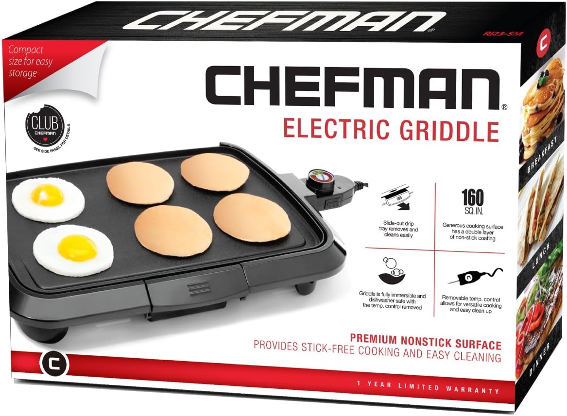 Chefman Electric Griddle, Fully Immersible and Dishwasher Safe Features, Adjustable Temperature Control Allows for Versatile Cooking and Removable Slide-out Drip Tray for Easy Cleaning, Black
