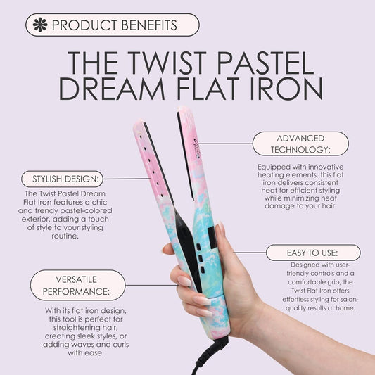Aria Beauty Twist Iron, 1" Dual Voltage Hair Straightener and Curler 2-in-1, Pastel Dream Tourmaline Ceramic Flat Iron for Straightening & Curl Hair with Digital Display for All Hair Types