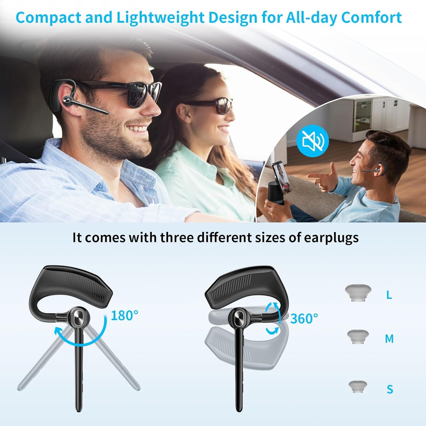 Wireless Headset Bluetooth Earpiece with Dual Noise Canceling Microphone Hands Free Headphones Single Ear Earphone Over Ear Earbud for iPhone Samsung Android Cellphones TV PC Trucker Game Work