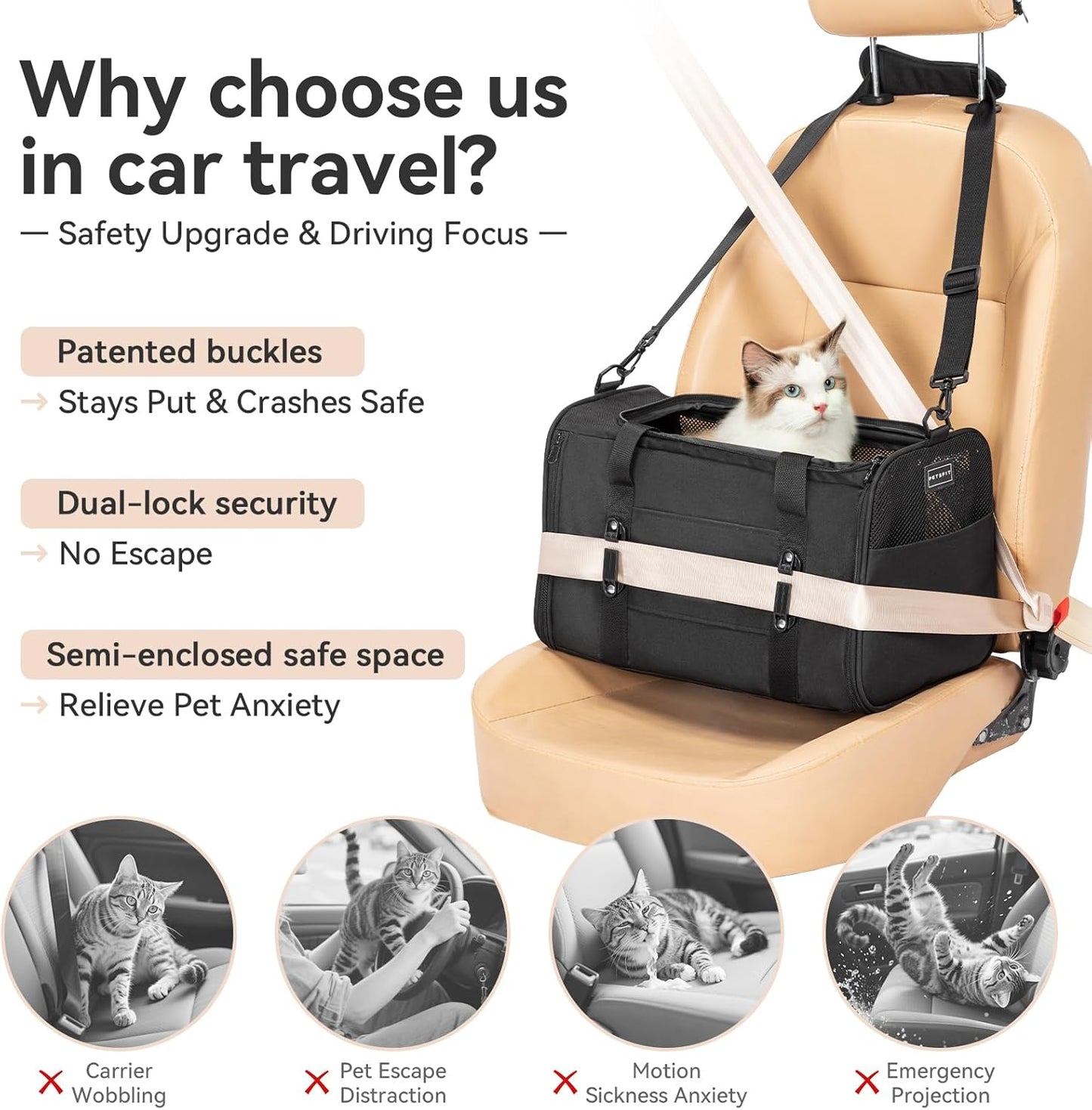 Petsfit Pet Carrier Airline Approved, Soft-Sided Cat Carrier with Patented Car Buckle, Lightweight and Collapsible with Adjustable Shoulder Strap, Soft Cushion,Green
