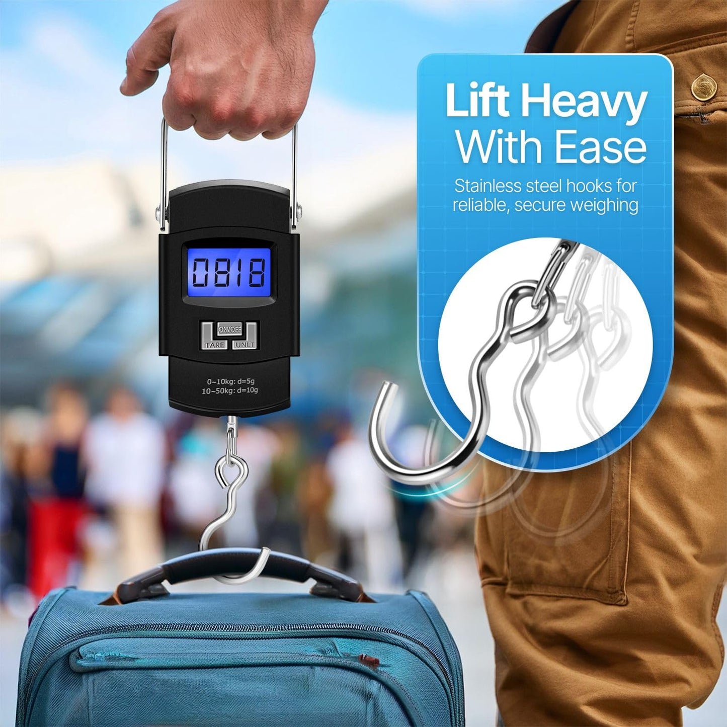 Flexzion Digital Hanging Scale – 110lb/50kg Portable Luggage Scale, and Fish Scale with Electronic Backlight LCD, Stainless Steel Hook, 2 AAA Batteries Included