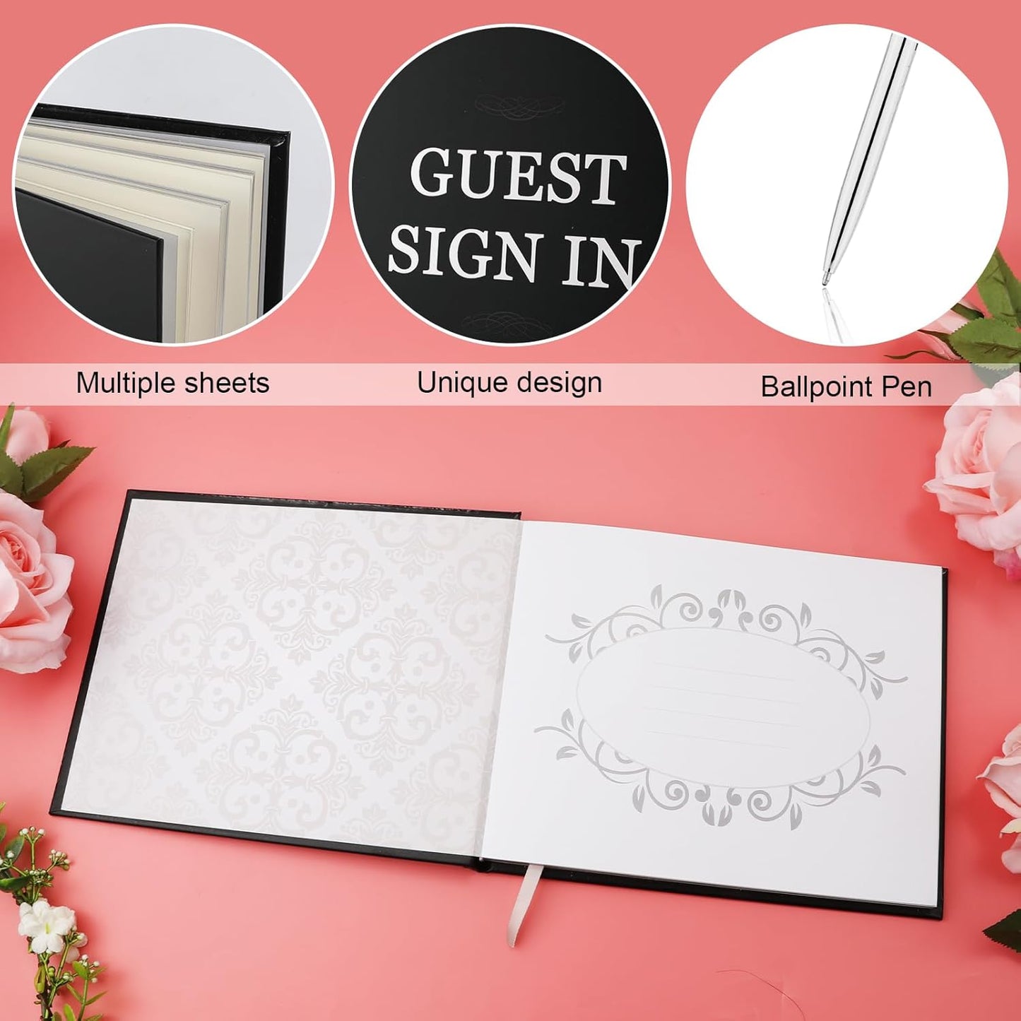 3pcs Wedding Guest Book Set, Romantic Wedding Guest Signature Book with Hard Cover Cherished Modern Script Wedding Book Blank Pages for Wedding Reception Special Events (Black)