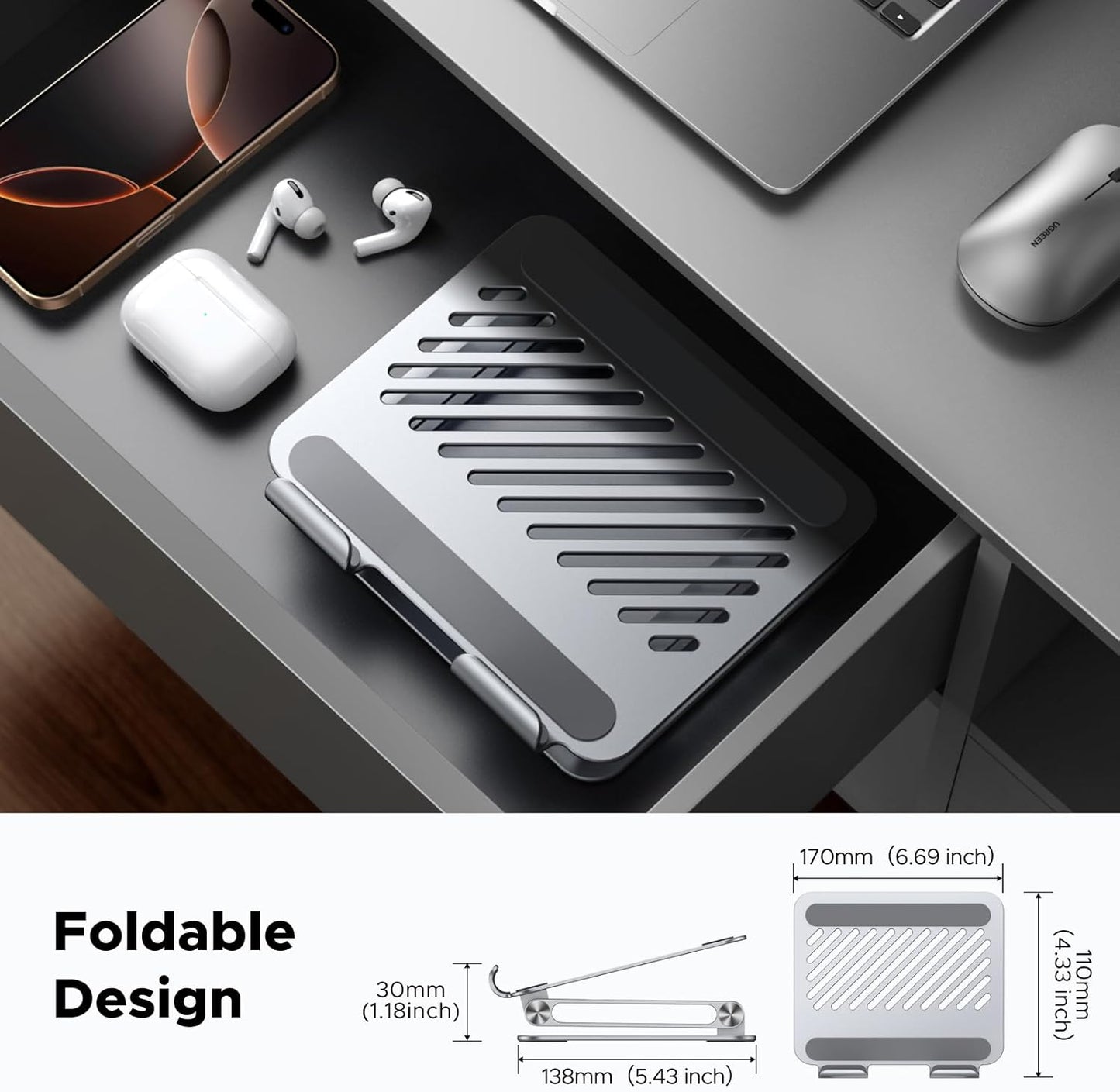 UGREEN Tablet Stand Holder for Desk, Aluminum Desktop Dock Adjustable Foldable Riser Compatible with iPad Pro 12.9, 9.7, 10.5, iPad Air, iPad mini, Surface Pro, Galaxy Tab, Black