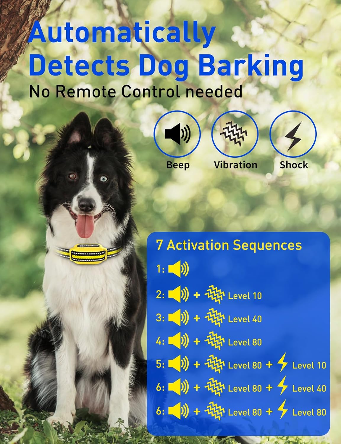 DOGLinsen 2-in-1 Bark and Shock Collar for Dogs, Smart Anti Barking Dog Training Collar with 5 Adjustable Sensitivity, Automatic Bark Collar with Remote, Vibration, Beep, Shock and Automatic