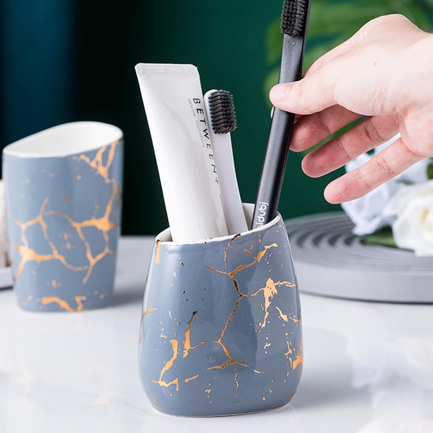 White Bathroom Accessories Set,Modern Countertop Bathroom Decor,Luxury 6 Piece Bathroom Accessory Set,Complete with Soap Dispenser,Toothbrush Holder,Tumbler,Tray